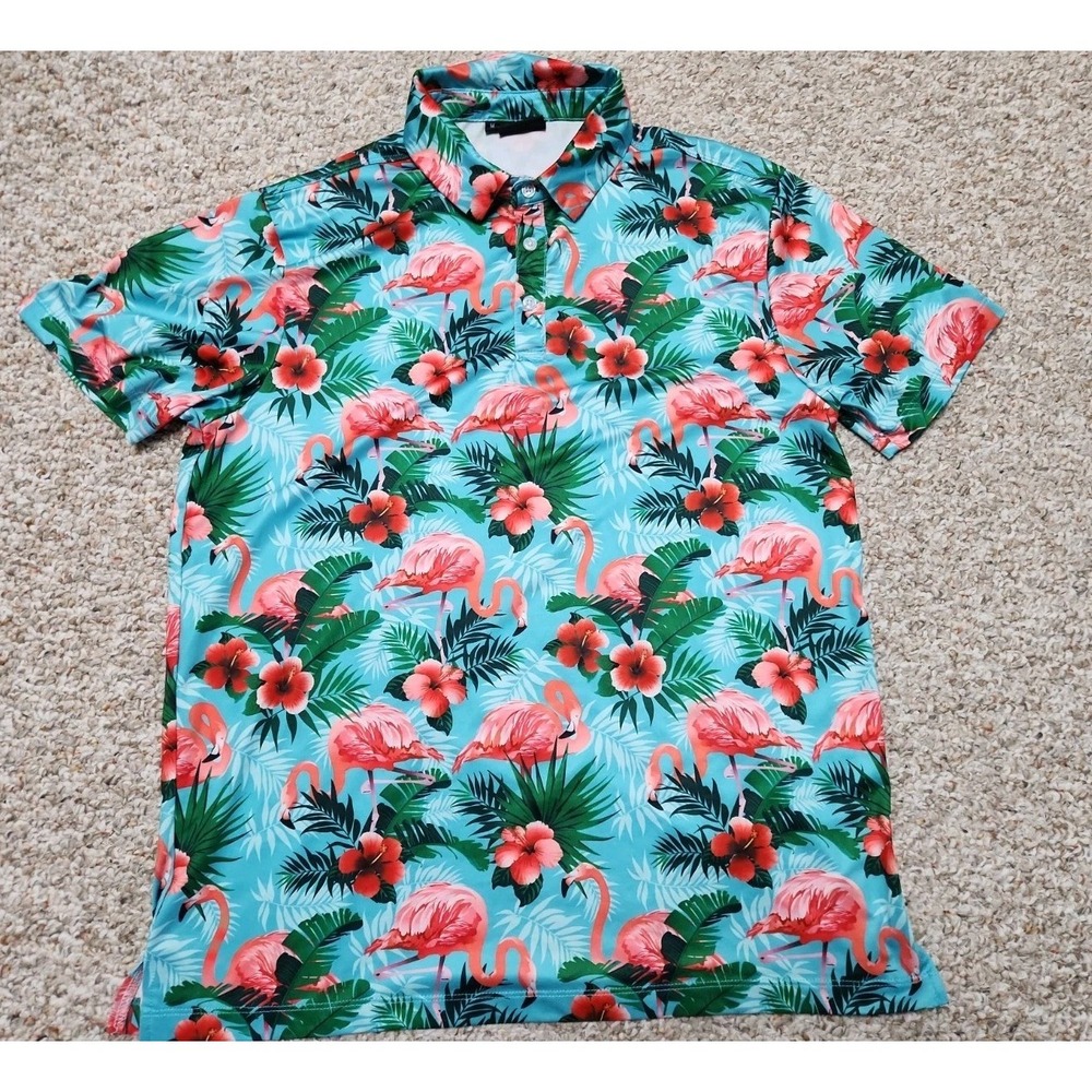 Yatta Golf Shirt Mens Size M Polo Short Sleeve Flamingo Hawaiian Teal Stretch
